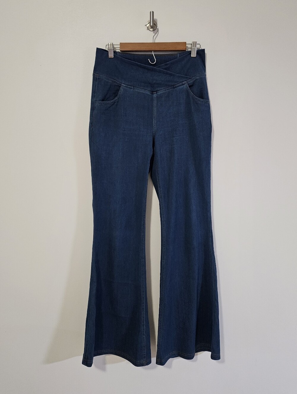 Halara Flex High Waisted Crossover Pocket Washed Flare Jeans Blue Tall Large